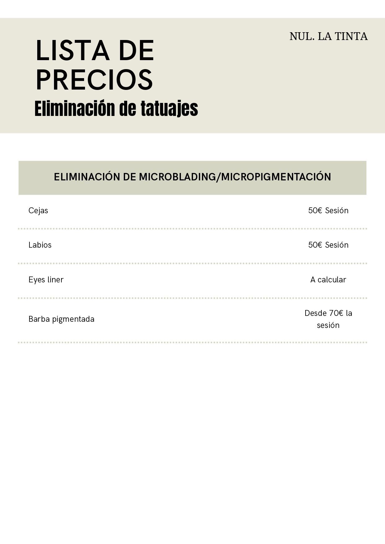 Lista de precios para servicios de eliminación de tatuajes y micropigmentación, con categorías para cejas, labios, delineado de ojos y cuerpo.