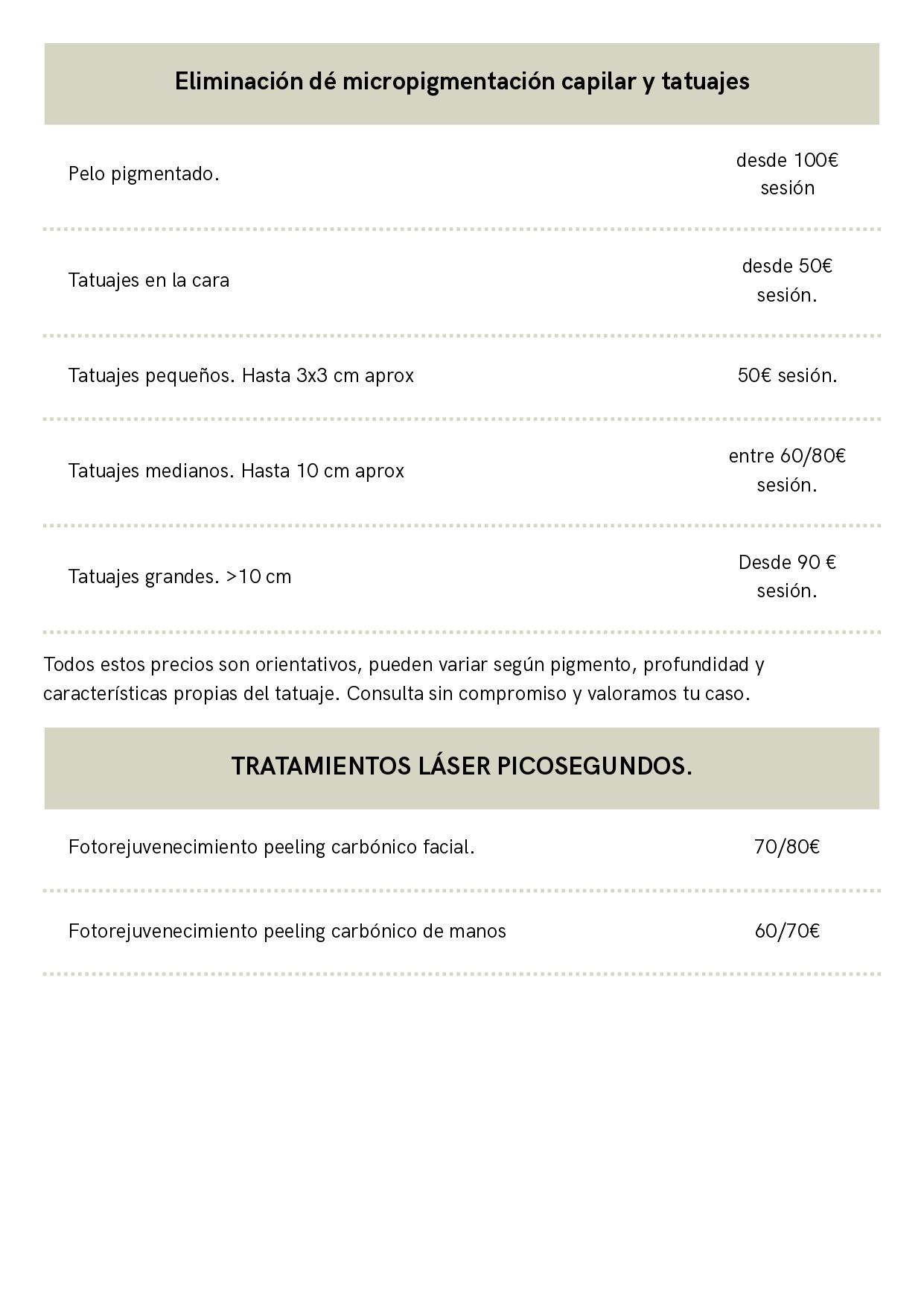 Lista de precios para servicios de eliminación de tatuajes y micropigmentación con láser, incluidos los tratamientos con láser de picosegundos.