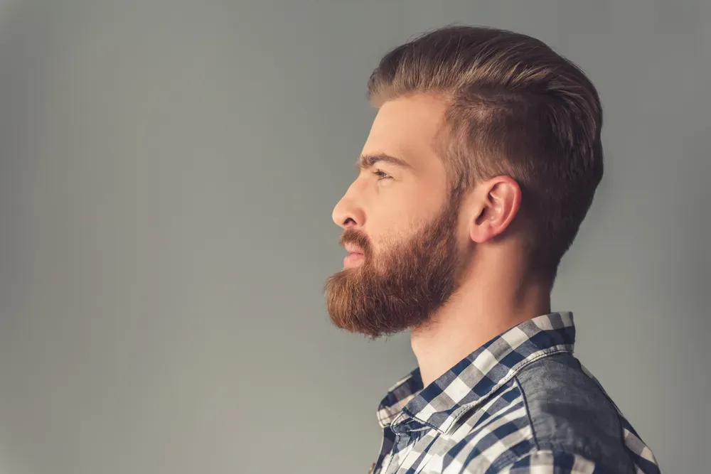 Hombre con barba completa y cabello peinado, de perfil, vistiendo una camisa de cuadros.