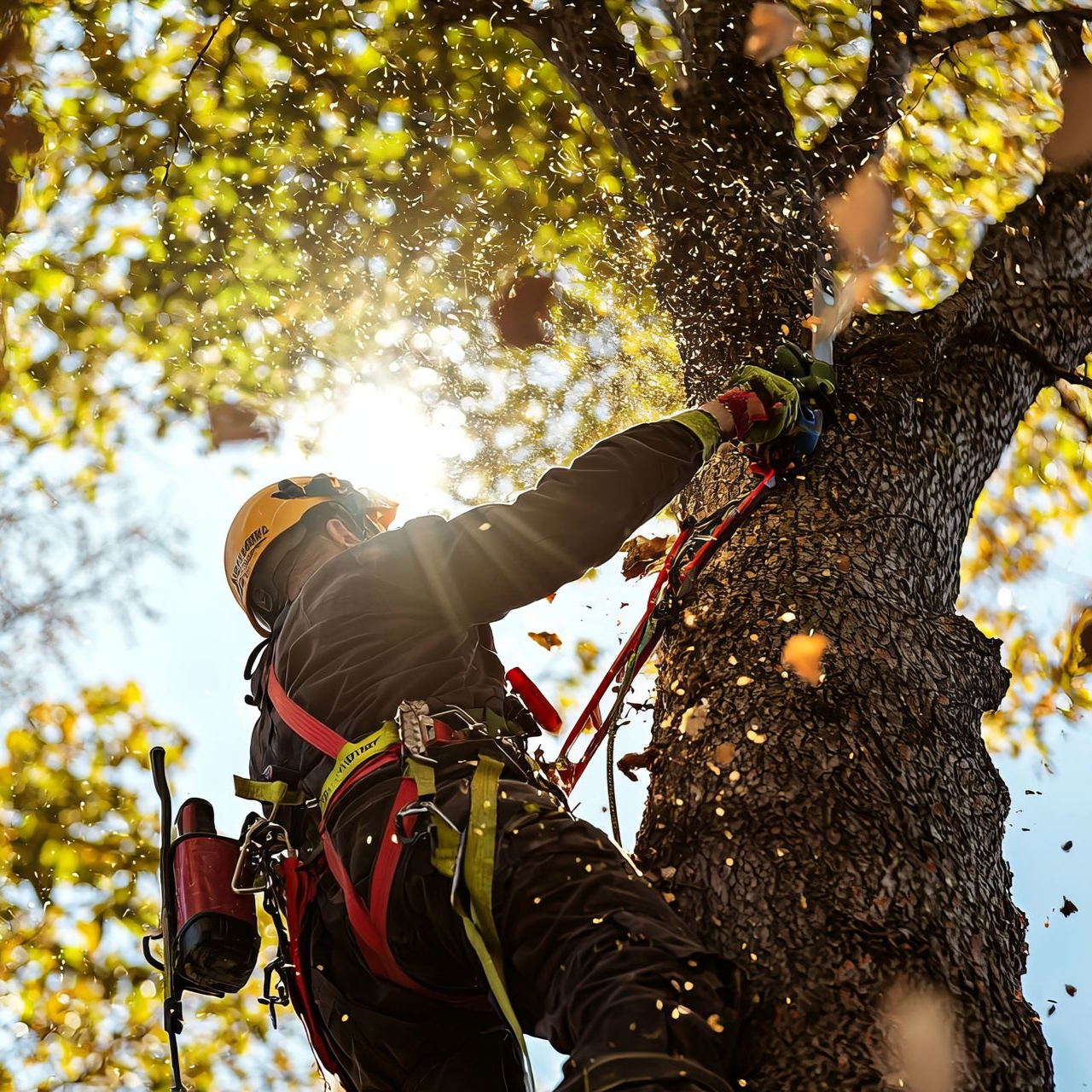 Un arboriste grimpe à un arbre et coupe des branches à la tronçonneuse, la lumière du soleil filtrant à travers les feuilles.