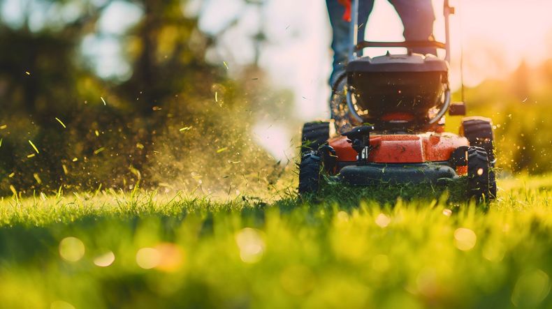 Une personne tond une pelouse ensoleillée avec une tondeuse à gazon rouge ; des brins d'herbe coupés volent.