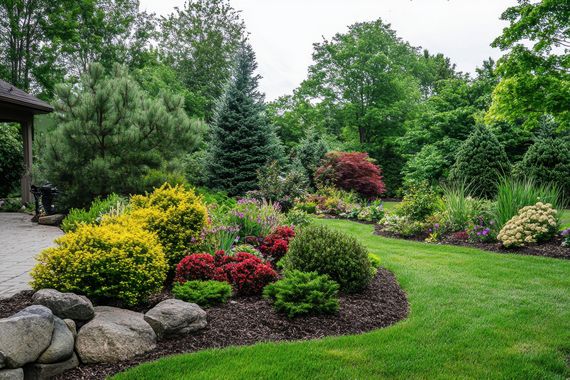 Jardin paysager luxuriant avec arbustes colorés, rochers et pelouse verte sous de grands arbres