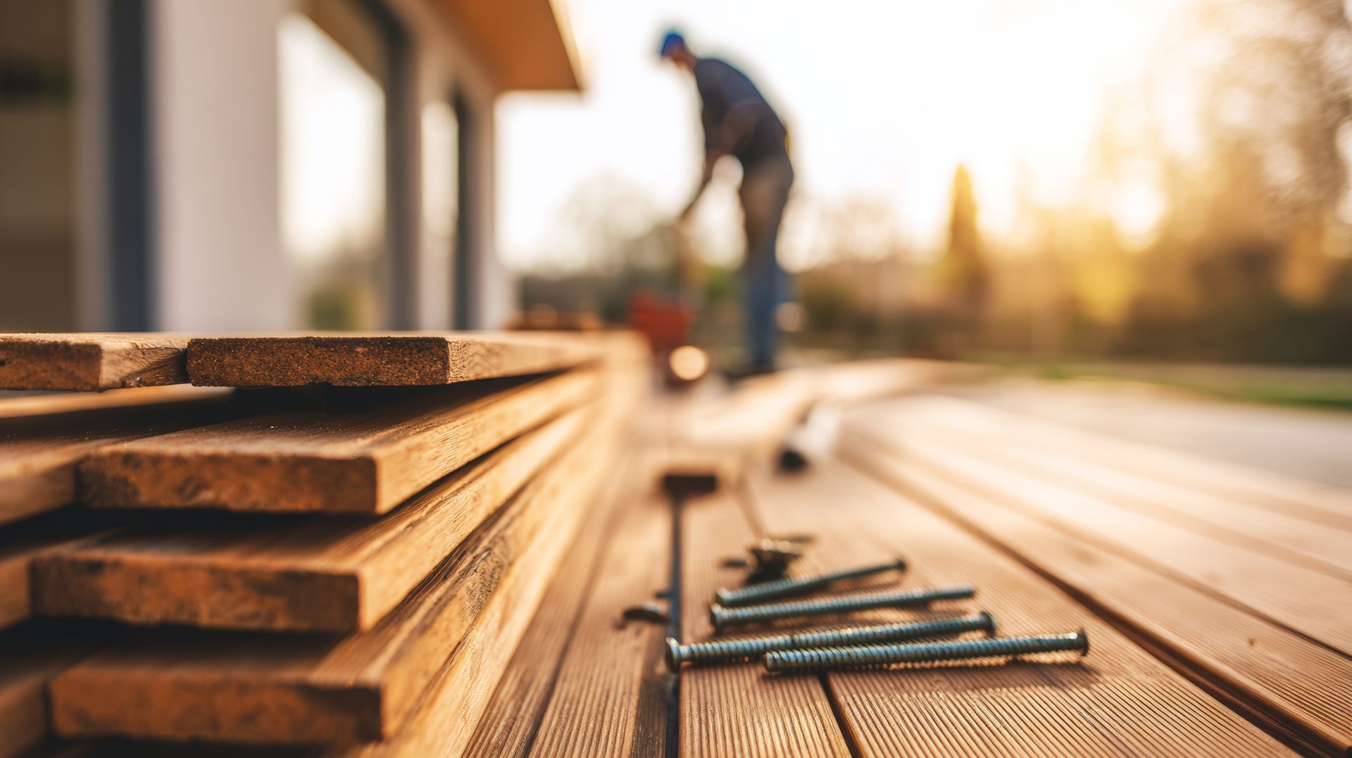 Planches de bois et clous empilés sur une terrasse, avec un ouvrier flou en arrière-plan au coucher du soleil.