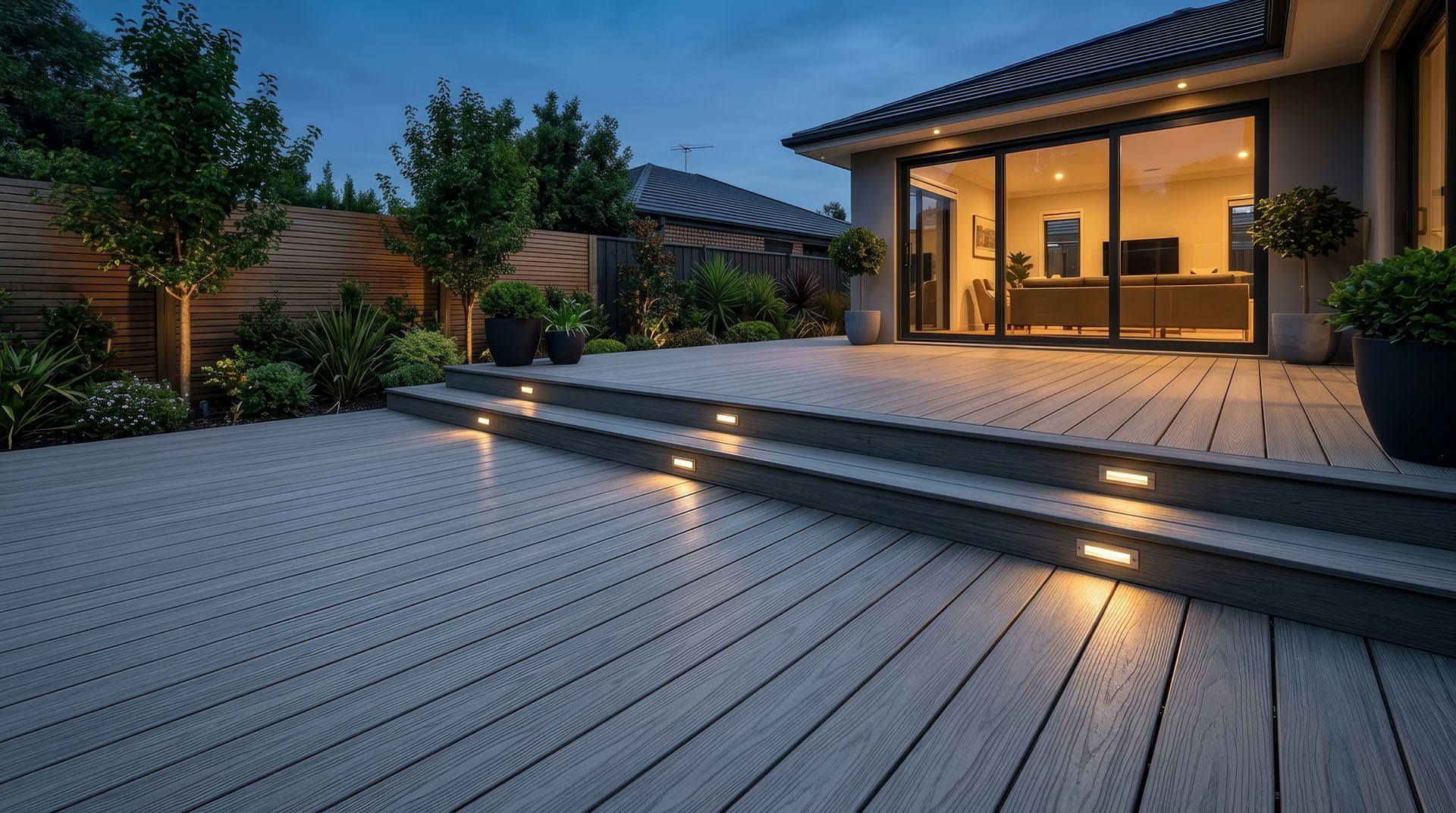 Patio d'une maison moderne au crépuscule, avec éclairage d'escalier et portes vitrées ouvertes