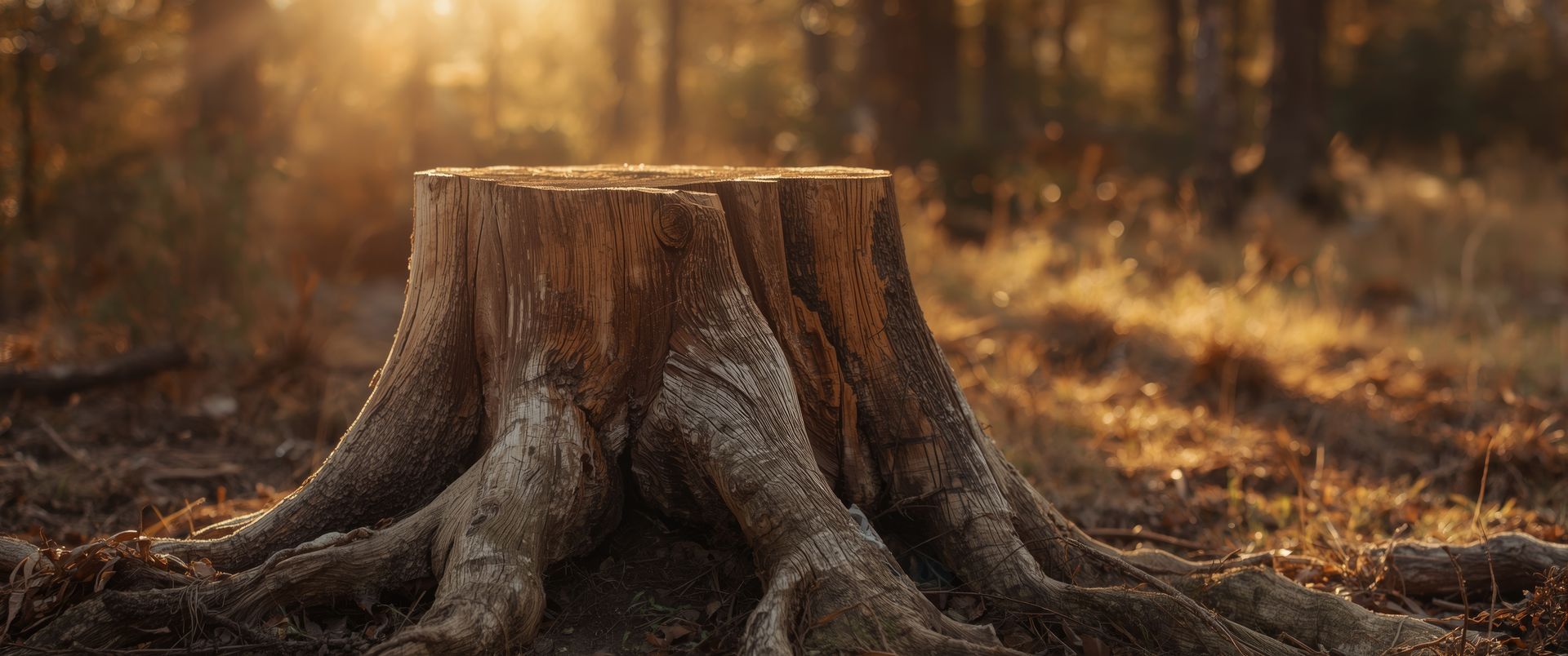 Grosse souche d'arbre aux racines apparentes dans une clairière ensoleillée.