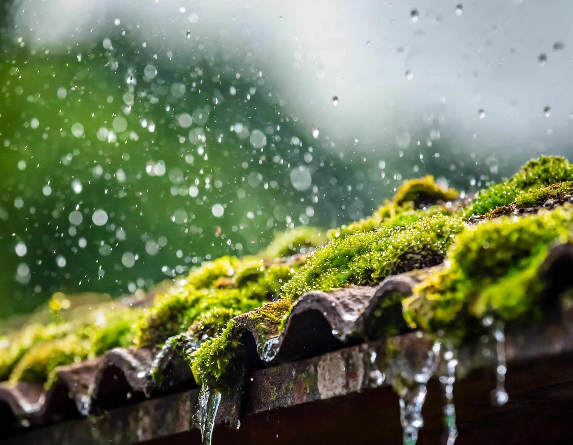 Tuiles de toit recouvertes de mousse sous la pluie, avec des gouttelettes d'eau tombant sur un fond vert flou