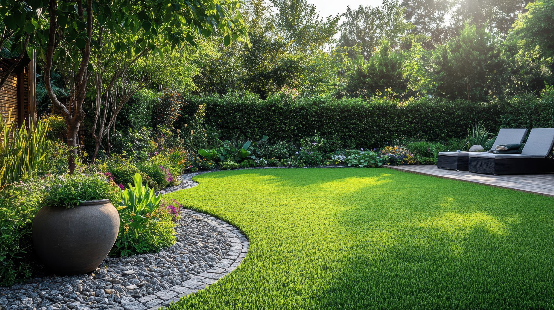 Jardin luxuriant à l'arrière avec bordure en pierre incurvée, plantes en pot, haies et chaises longues sur une pelouse ensoleillée