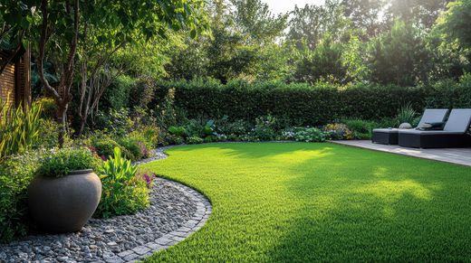 Jardin paysager baigné de soleil avec pelouse incurvée, bordure en pierre et chaises longues de patio bordées d'une végétation luxuriante.