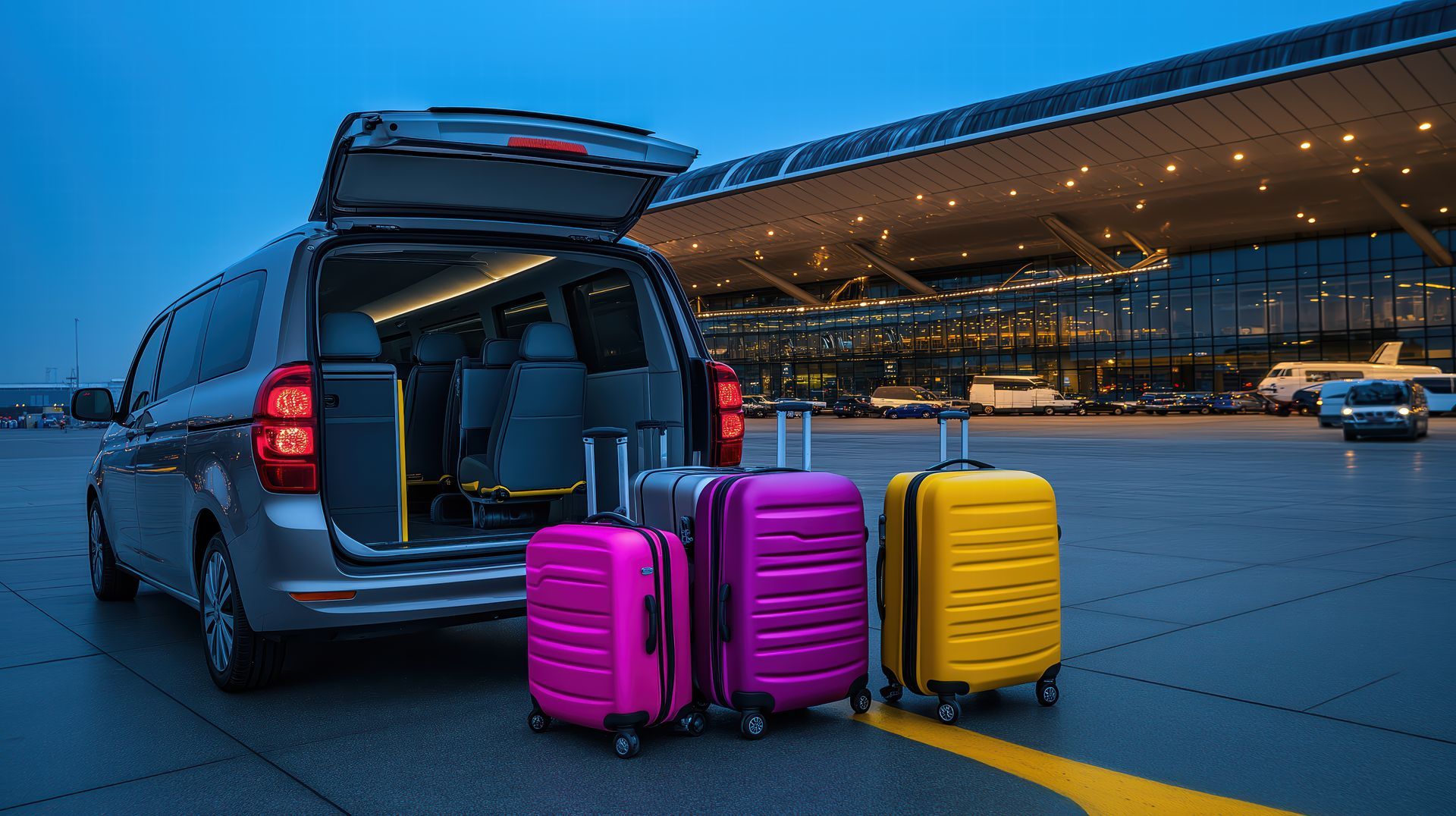 Coffre d'un monospace ouvert avec des bagages devant