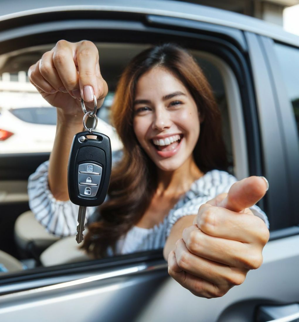 Femme au volant qui tend des clefs