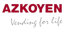 Un logotipo rojo y blanco para Azkoyen Vending for Life.