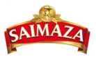 Un logotipo rojo y dorado para Saimaza sobre un fondo blanco.