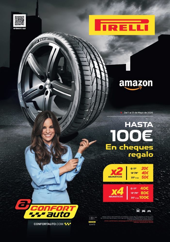 Anuncio de neumáticos Pirelli con el logotipo de Amazon, una mujer sonriente señalando y la promoción 
