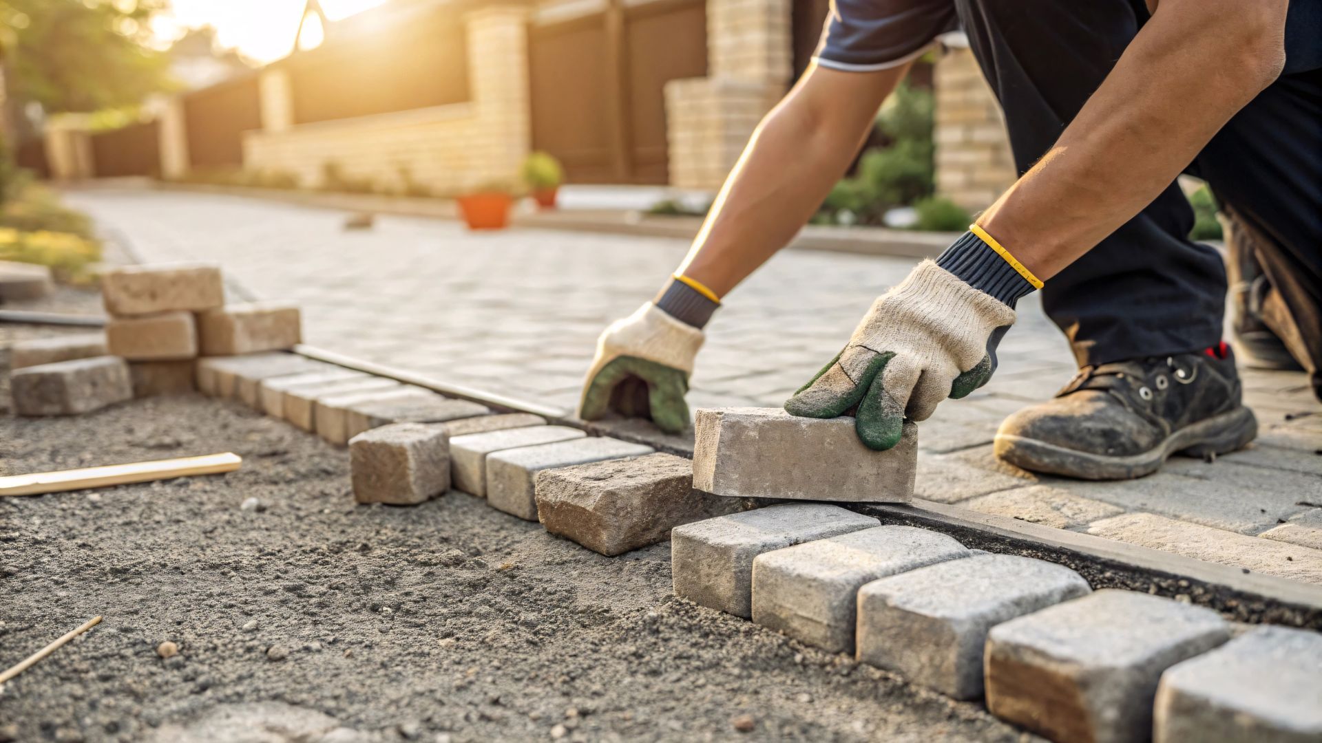 Une personne qui pose des pavés.