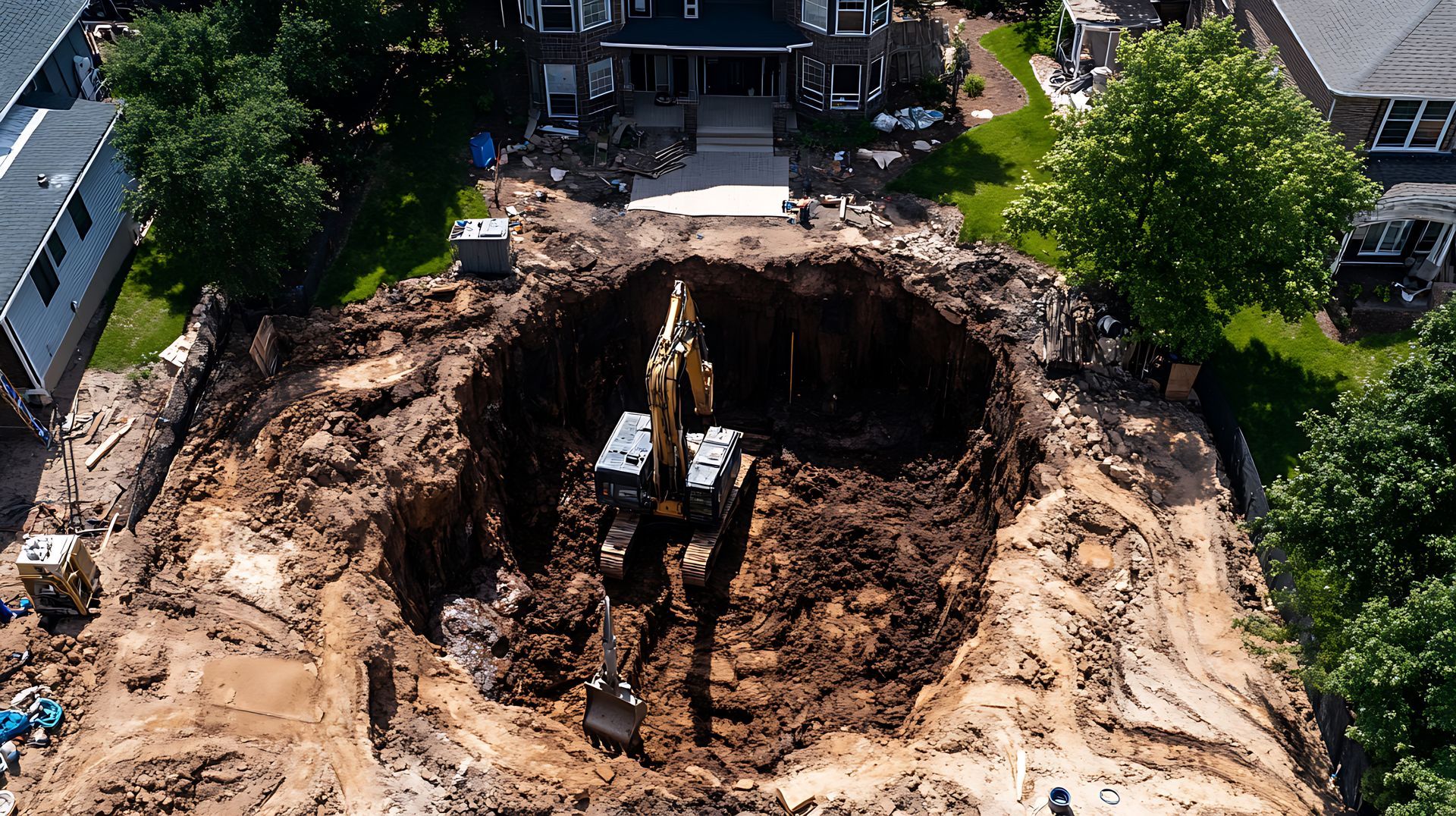Vue aérienne sur un engin de chantier qui est en train de creuser une piscine.