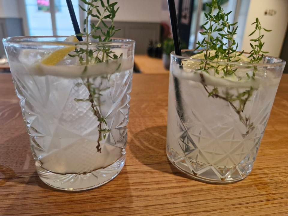 Zwei Cocktails in gemusterten Gläsern, garniert mit Thymian und Zitronenscheiben, auf einer Holzoberfläche.