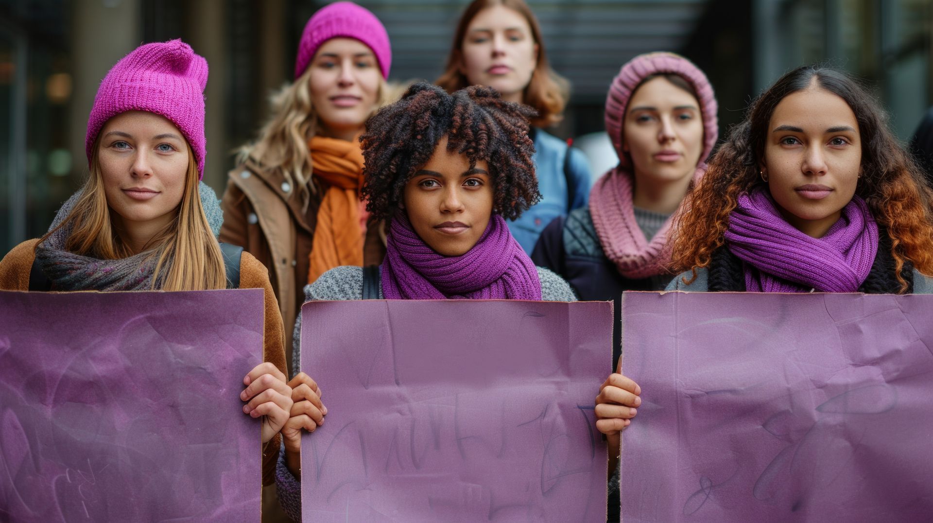 Grupo de mujeres sosteniendo carteles morados, abrigadas y mirando hacia adelante.