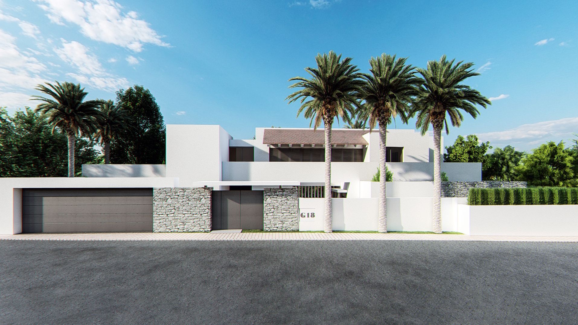 Una gran casa blanca con palmeras al frente.