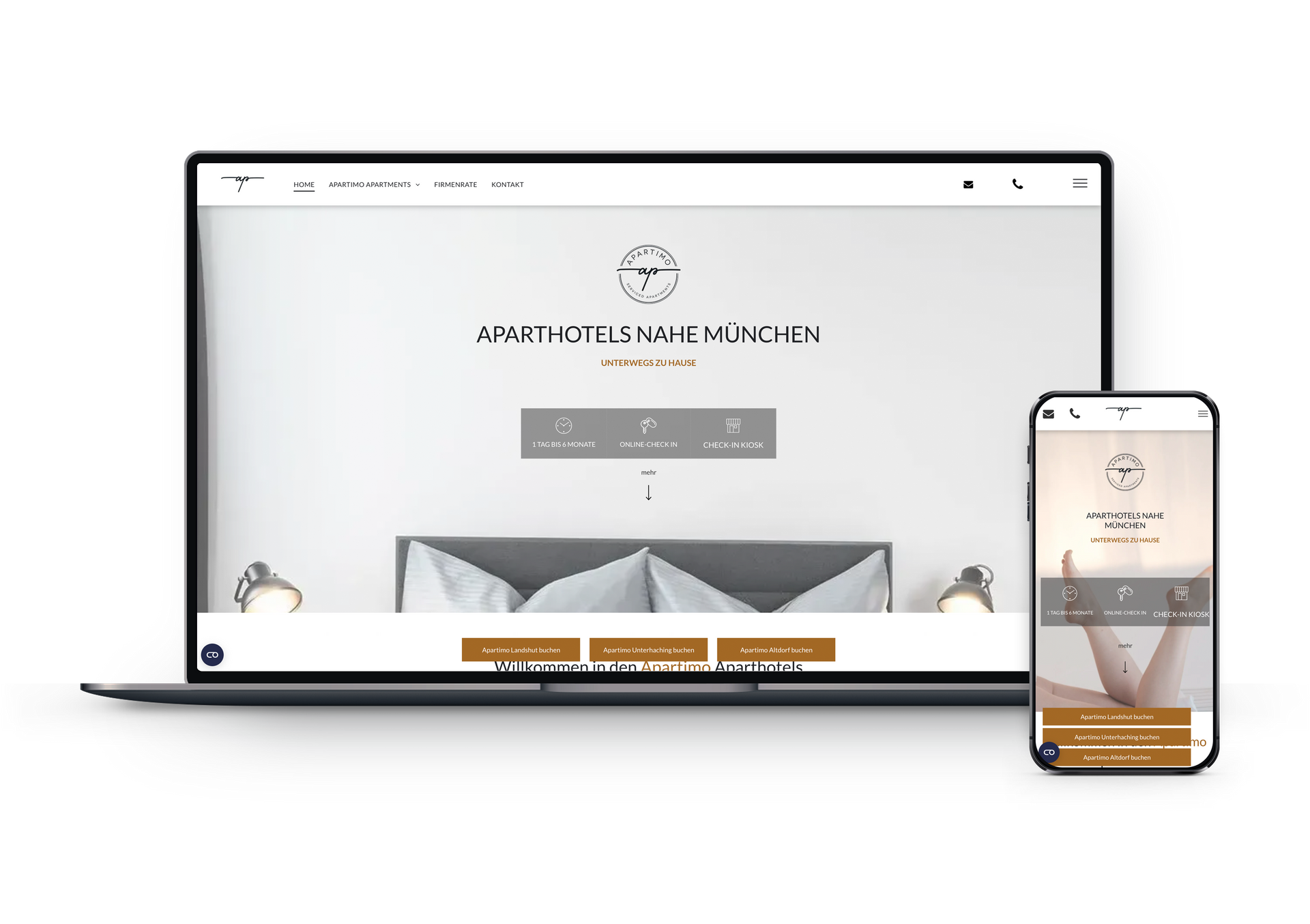 Ein Laptop und ein Smartphone zeigen die Homepage von Apartimo mit minimalistischem Design, neutralen Farben und Buchungsbuttons.