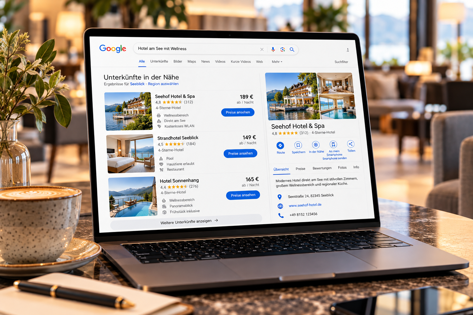 Laptop mit Google-Hotelsuche auf einem Tisch neben einer Kaffeetasse