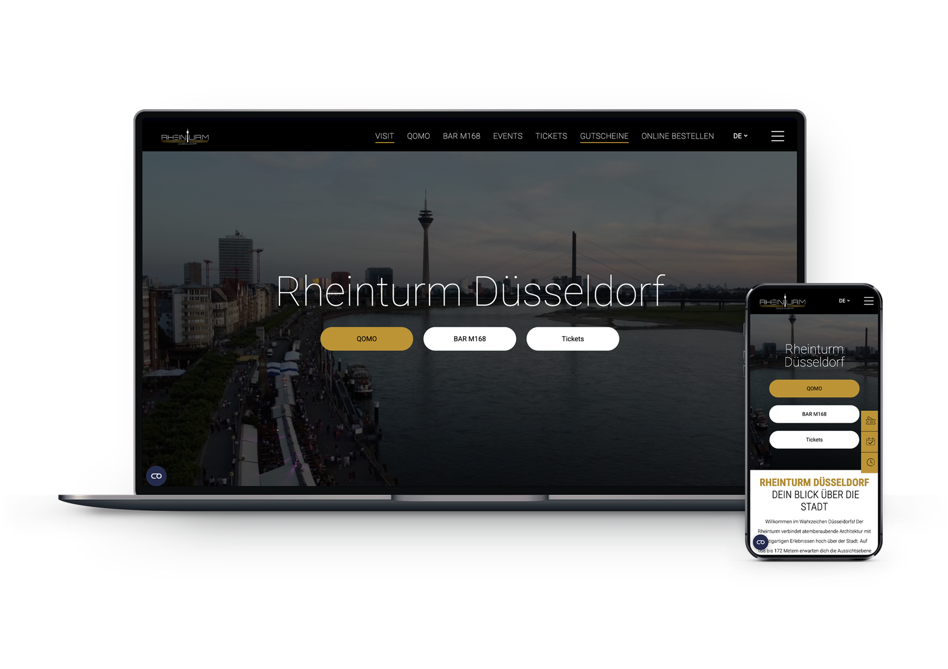 Auf einem Laptop und einem Mobiltelefon wird die Website vom Rheinturm Düsseldorf angezeigt.