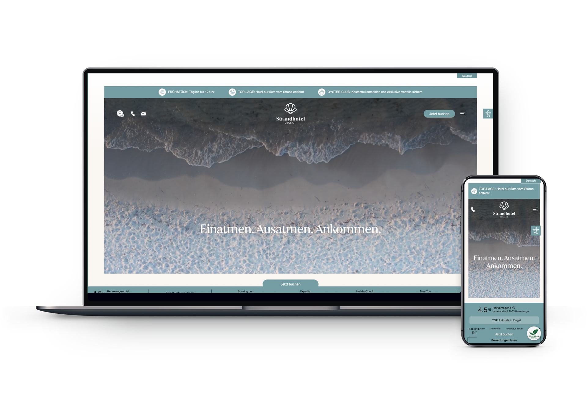 The laptop and cell phone display the website of the Strandhotel Zingst with a beach background.