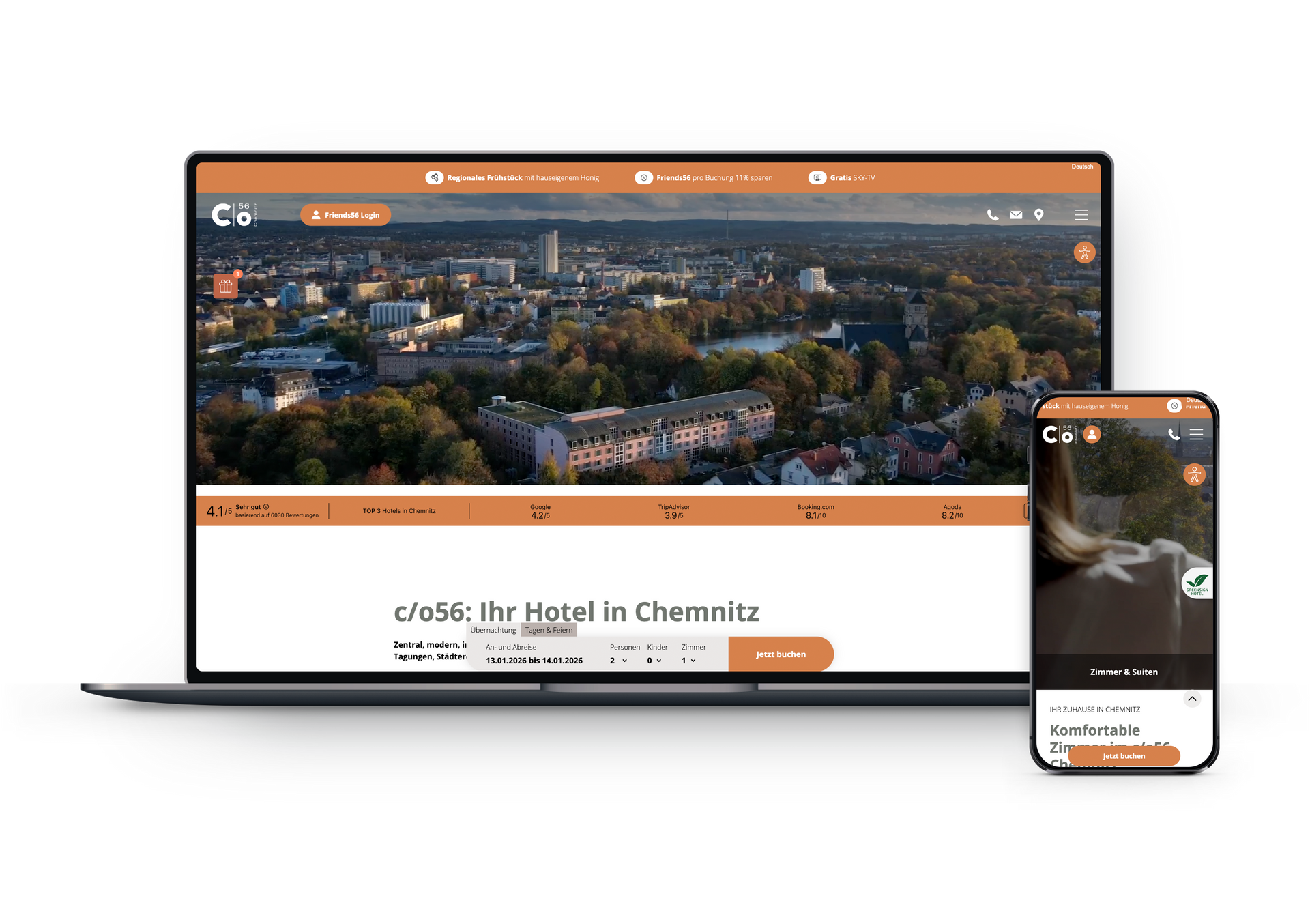 Website-Mockup auf Laptop und Smartphone: Hotelsuche in Chemnitz, Stadtbild im Hintergrund.