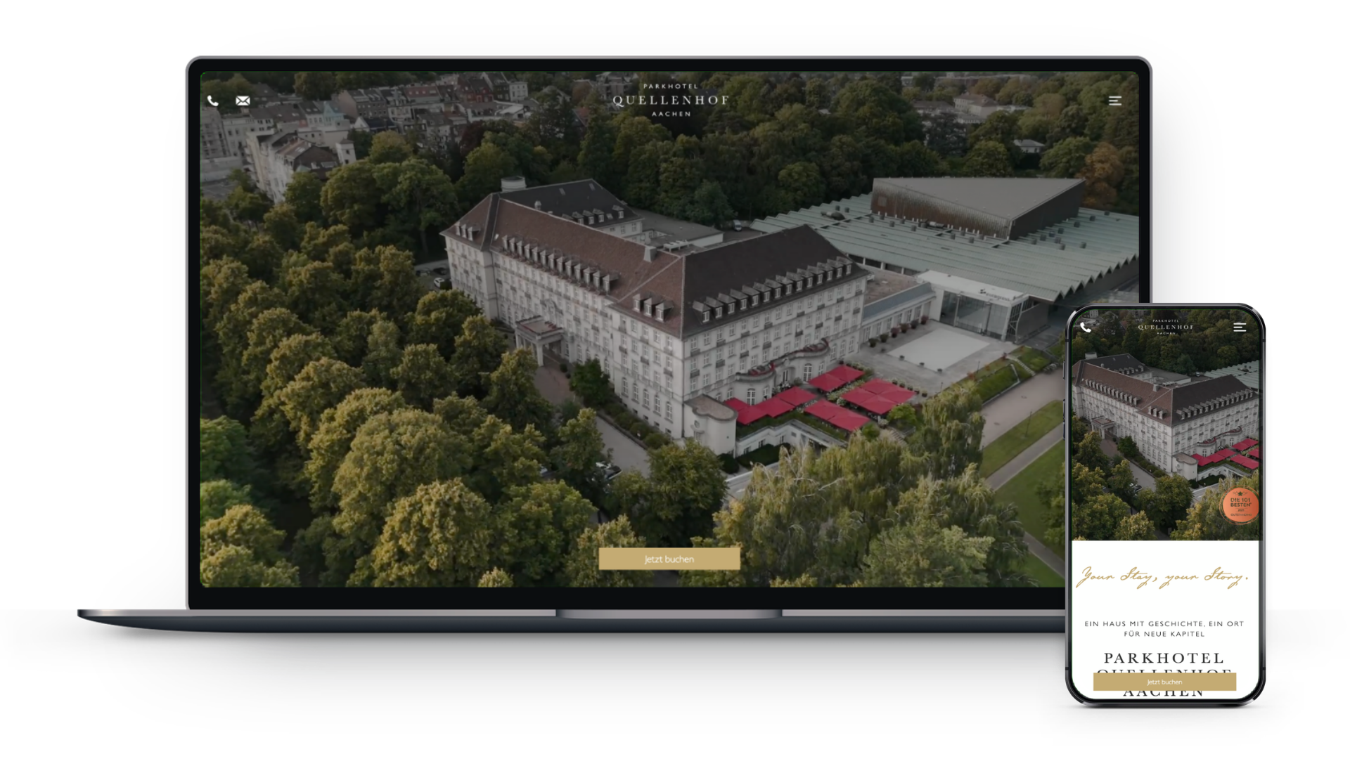 Website-Mockup auf Laptop und Smartphone: Parkhotel Quellenhof Aachen
