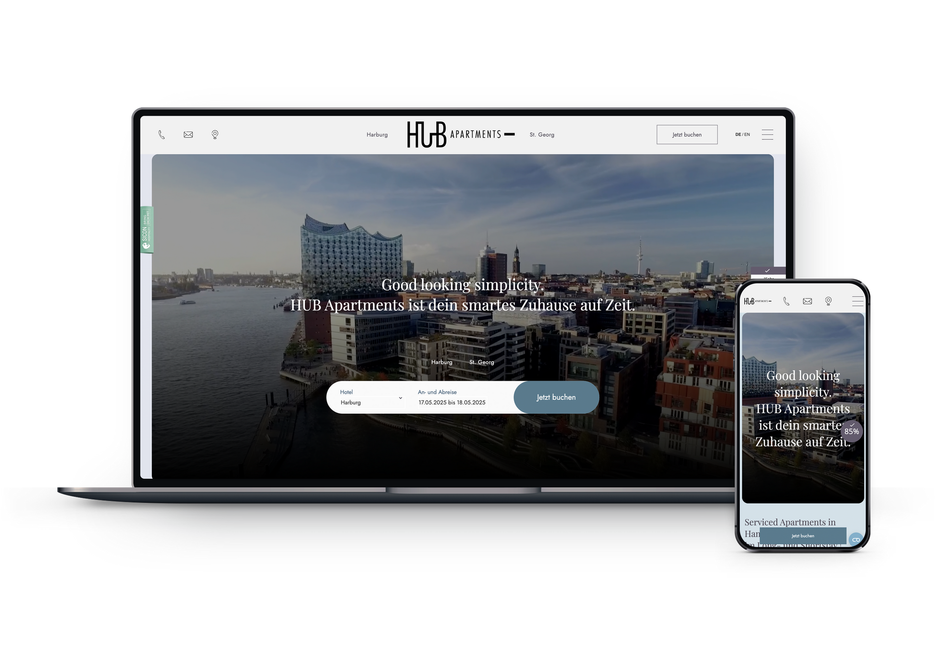 Laptop and phone show a website with a cityscape in the background and a search bar.