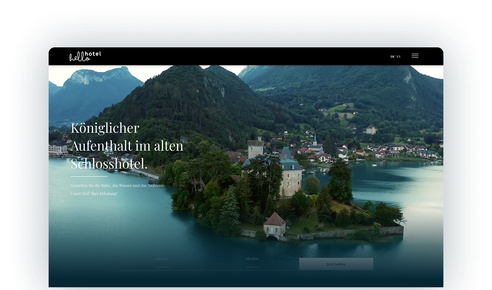 A computer screen shows a small island in the middle of a lake surrounded by mountains.