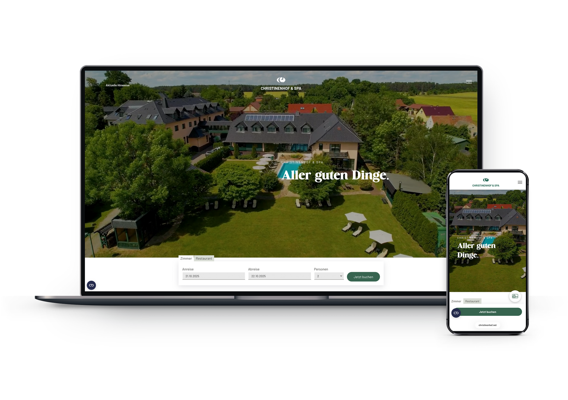 The Christinenhof & Spa website is displayed on a laptop and a mobile phone.