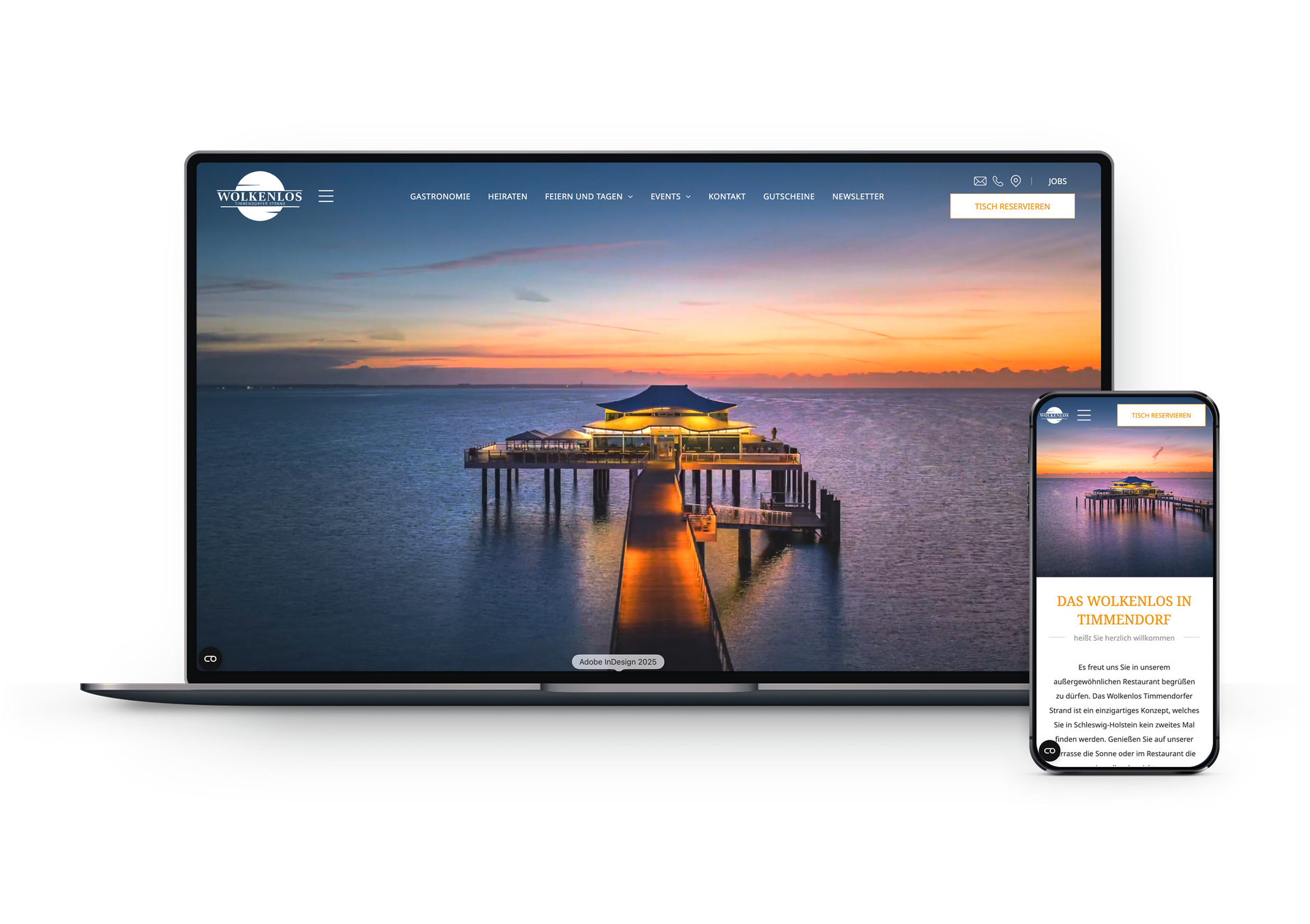 Website-Mockup auf Laptop und Smartphone: Restaurant Wolkenlos auf dem Meer.