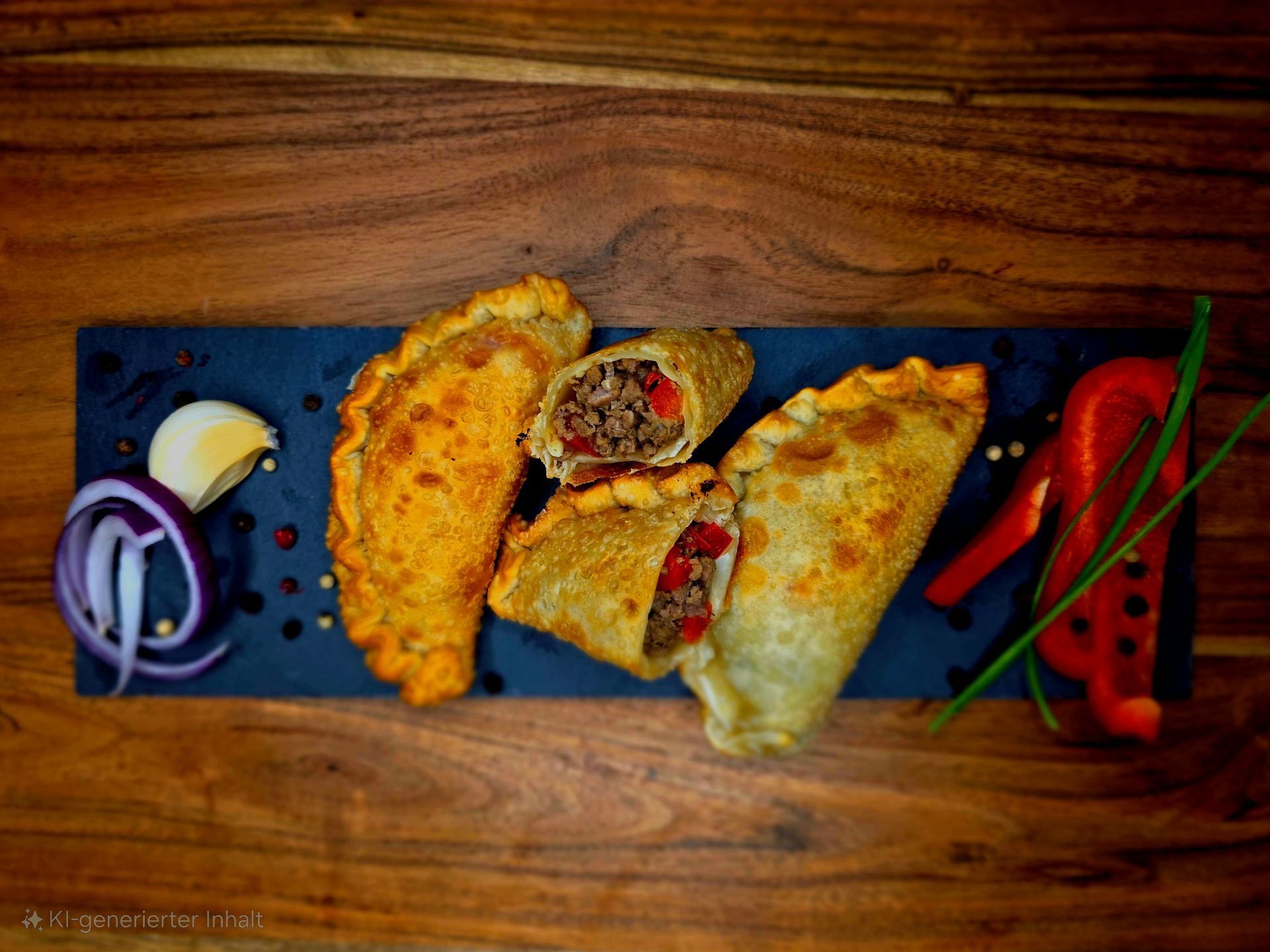 Frittierte Empanadas gefüllt mit Fleisch und Paprika, serviert auf einem Schieferbrett mit Zwiebelscheiben, einem gekochten Ei und roten Paprikaschoten.