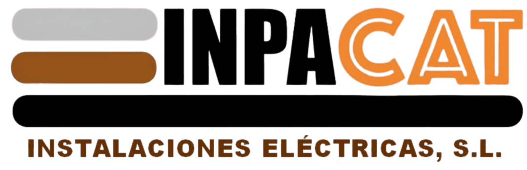 Logotipo para INPACAT: Texto en negro, “CAT” en color naranja, barras horizontales arriba, barra negra abajo y texto “INSTALACIONES ELÉCTRICAS, SL”.
