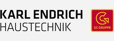 Logo für Karl Endrich Haustechnik, mit Text und einem roten Quadrat mit einem Logo und dem Text „GC GRUPPE“.