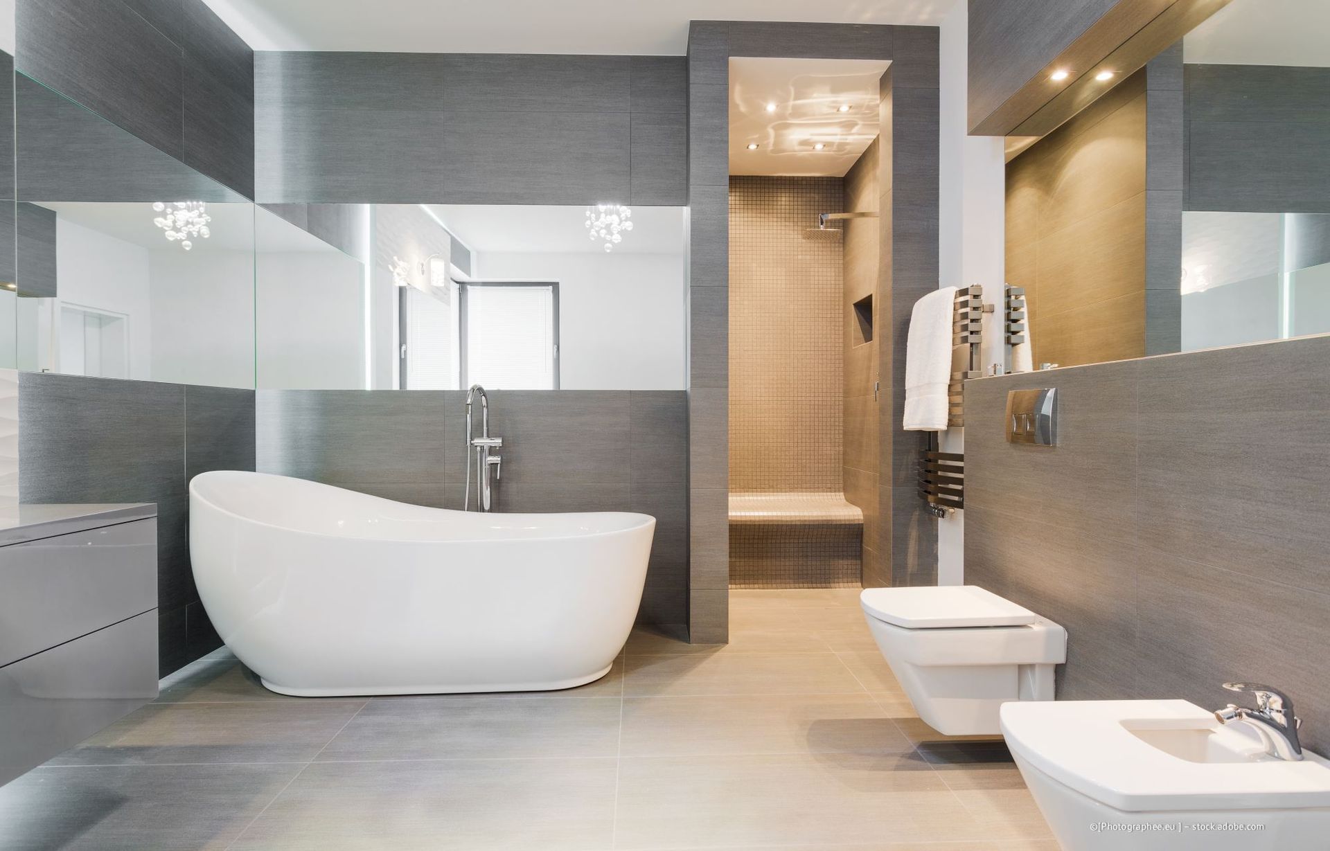 Modernes graues Badezimmer mit freistehender Badewanne, Toilette und ebenerdiger Dusche.