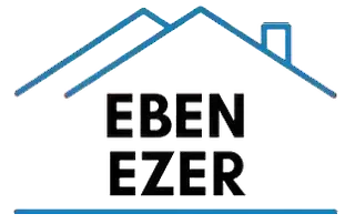 Logotipo: texto "EBEN EZER" debajo del contorno de una casa azul.