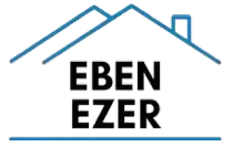 Logotipo: texto "EBEN EZER" debajo del contorno de una casa azul.