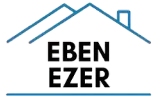 Logotipo: texto "EBEN EZER" debajo del contorno de una casa azul.