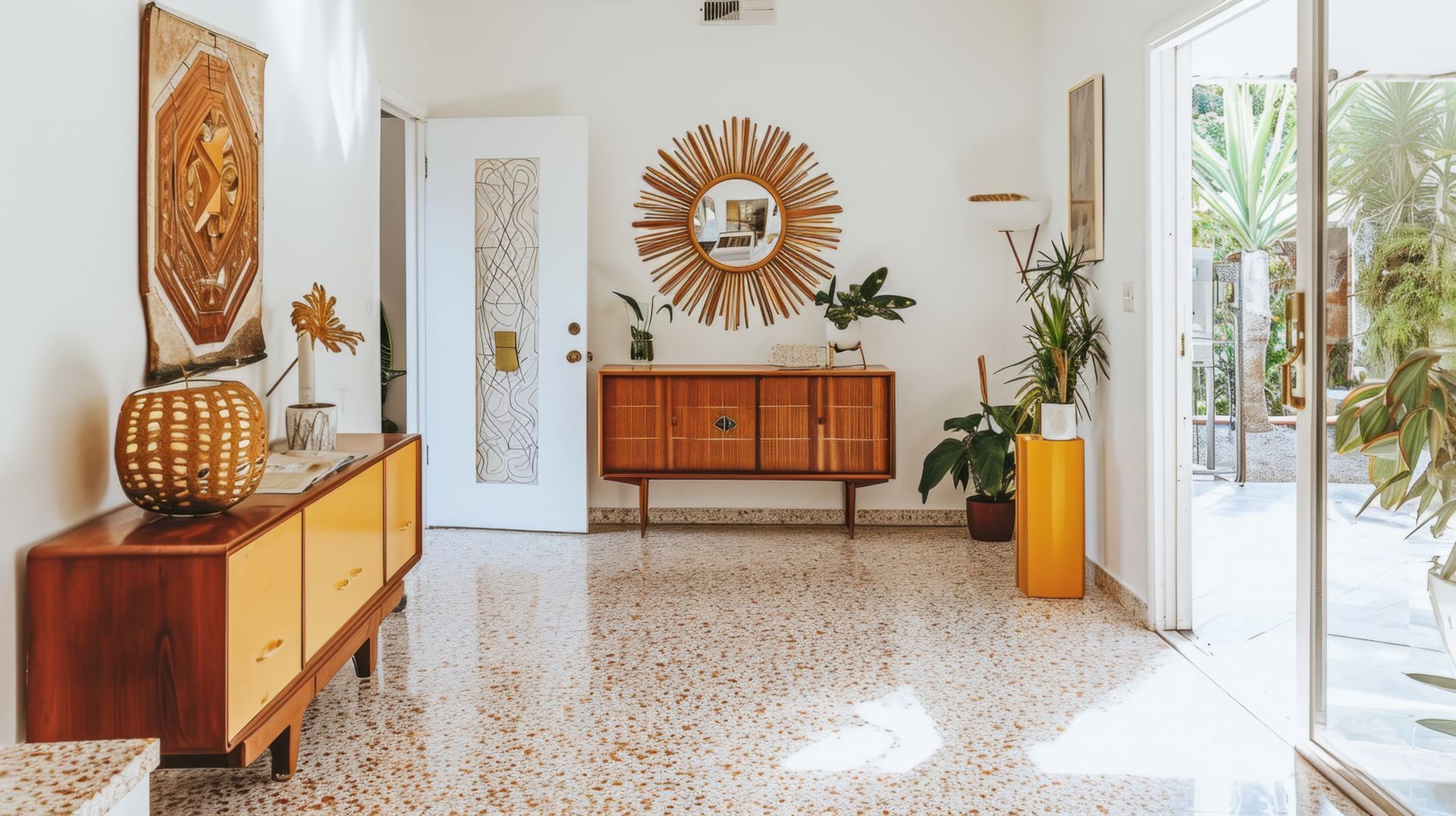 Entrée en résine terrazzo dans les tons orangés