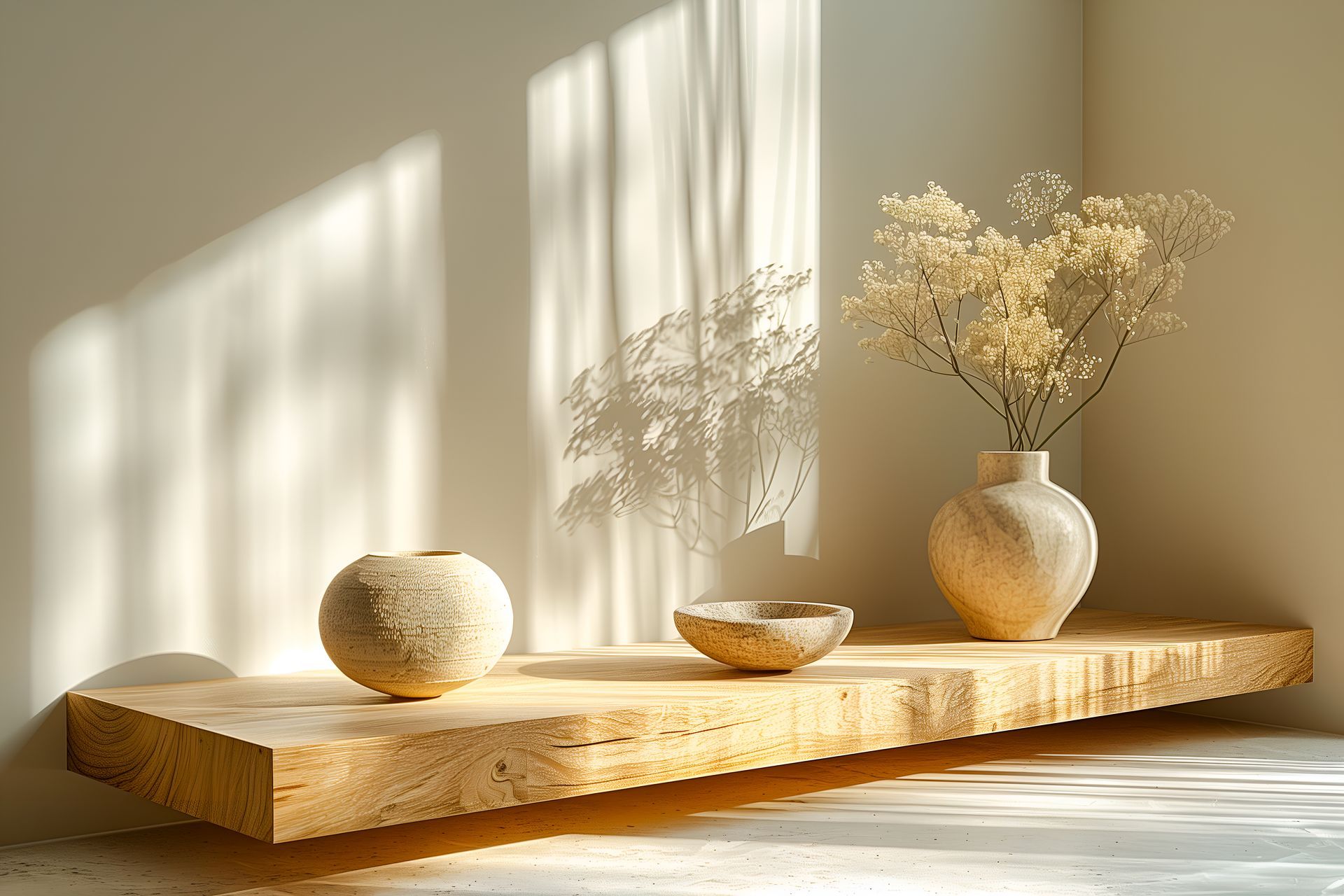 Mur à la chaux avec une étagère en bois