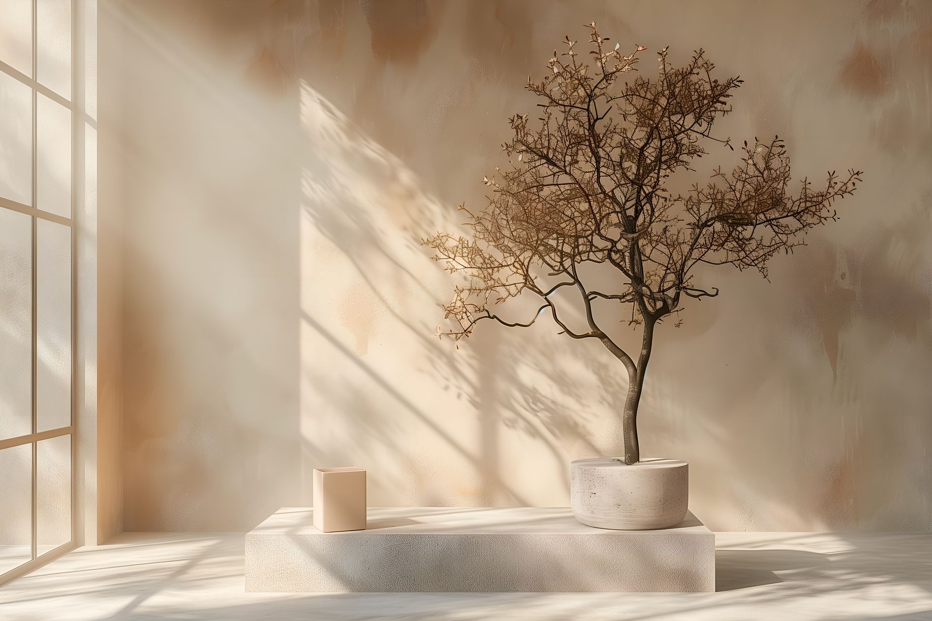 Pièce entièrement recouverte de chaux avec un arbre décoratif