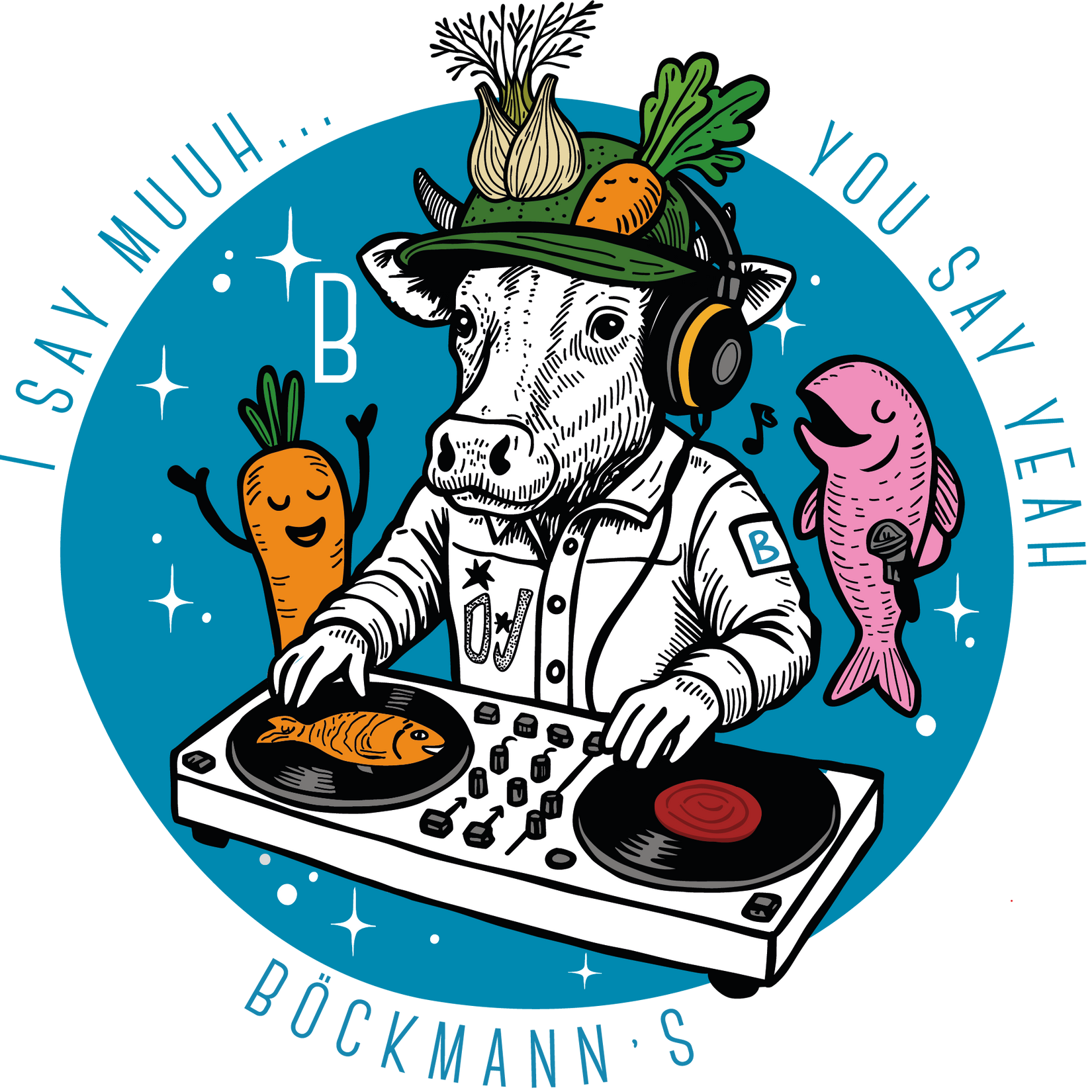 Eine Kuh-DJane mit einem Hut aus Gemüse, eine fröhliche Karotte und ein rosa Fisch vor einem türkisfarbenen Hintergrund mit kreisförmigem Text.