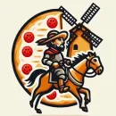 El quijote cabalga frente a una gigantesca pizza de pepperoni y un molino de viento.
