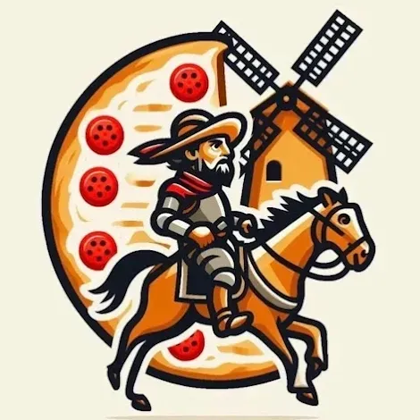 El quijote cabalga frente a una gigantesca pizza de pepperoni y un molino de viento.