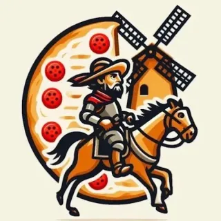 El quijote cabalga frente a una gigantesca pizza de pepperoni y un molino de viento.