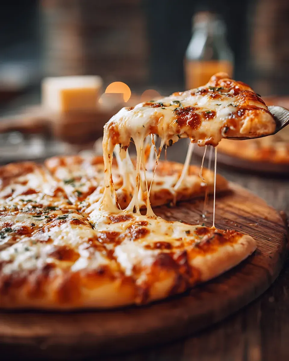 Una porción de pizza con queso siendo levantada de una tabla de madera redonda, con largas hebras de mozzarella derretida.
