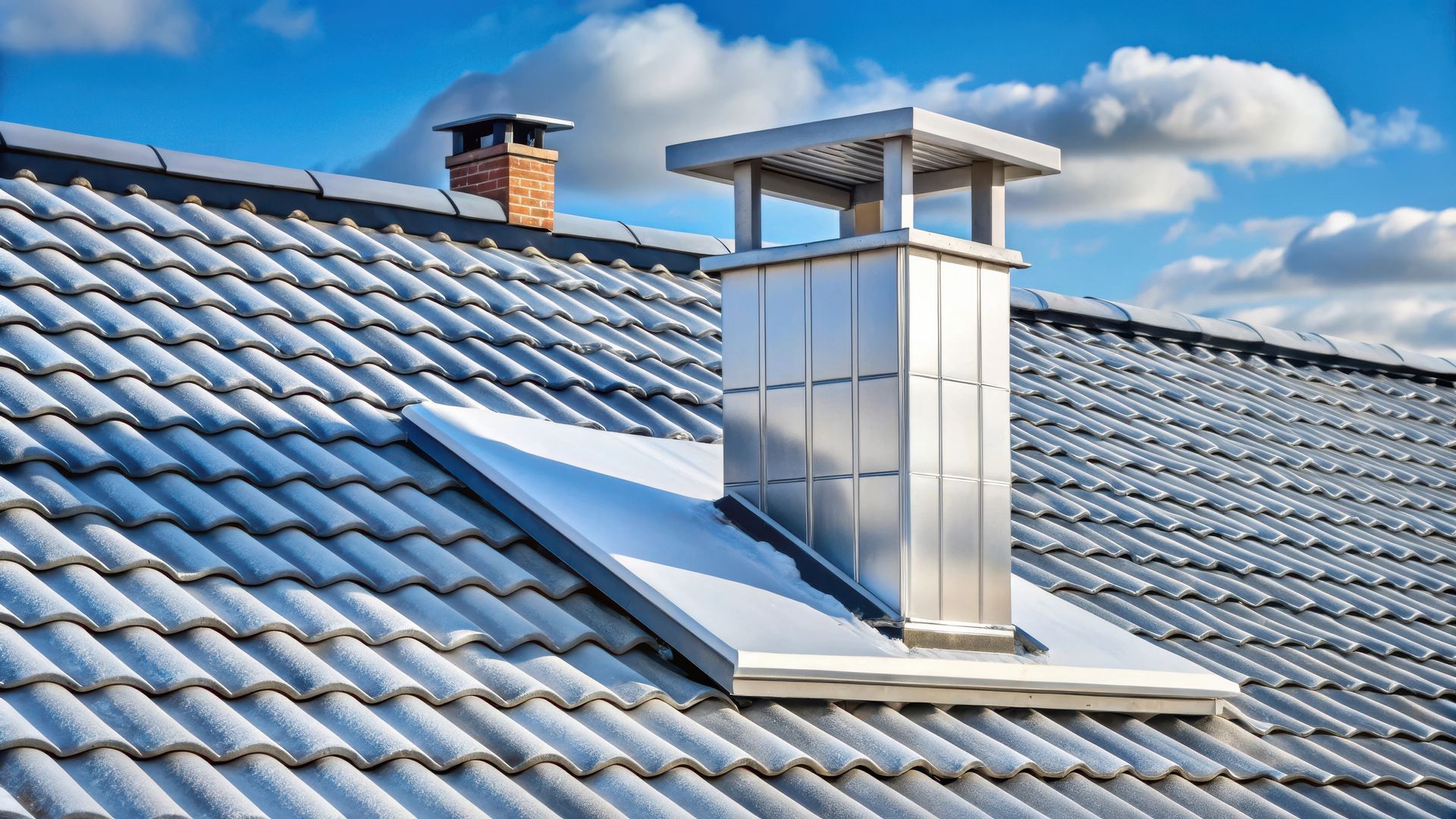 Une cheminée métallique se dresse sur un toit de tuiles grises, avec un ciel bleu parsemé de nuages ​​épars.