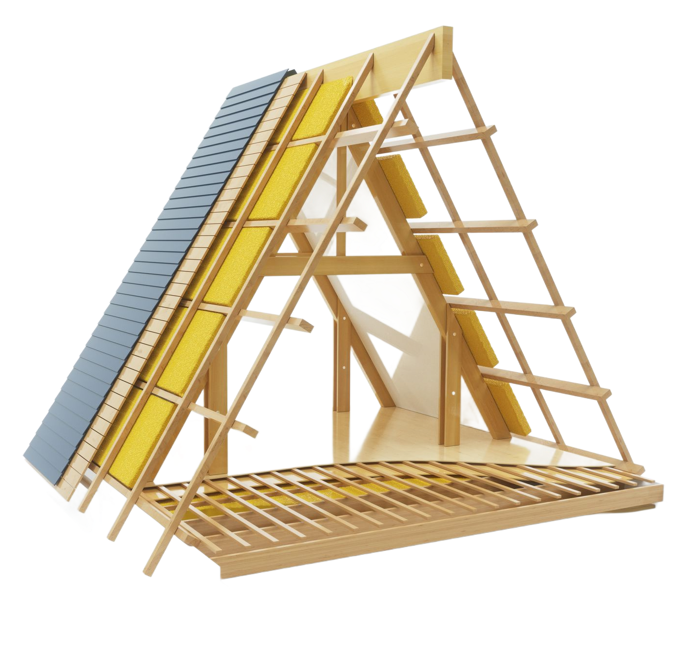 Maquette d'une structure en A avec ossature bois apparente, panneaux isolants jaunes et toiture en ardoises bleues.
