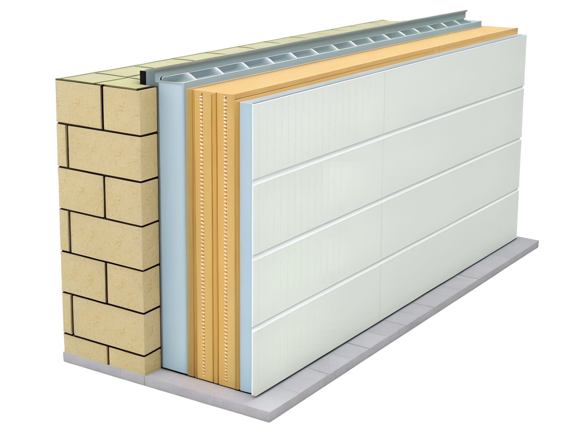Un schéma en coupe montrant les différentes couches de l'isolation extérieure d'un mur.